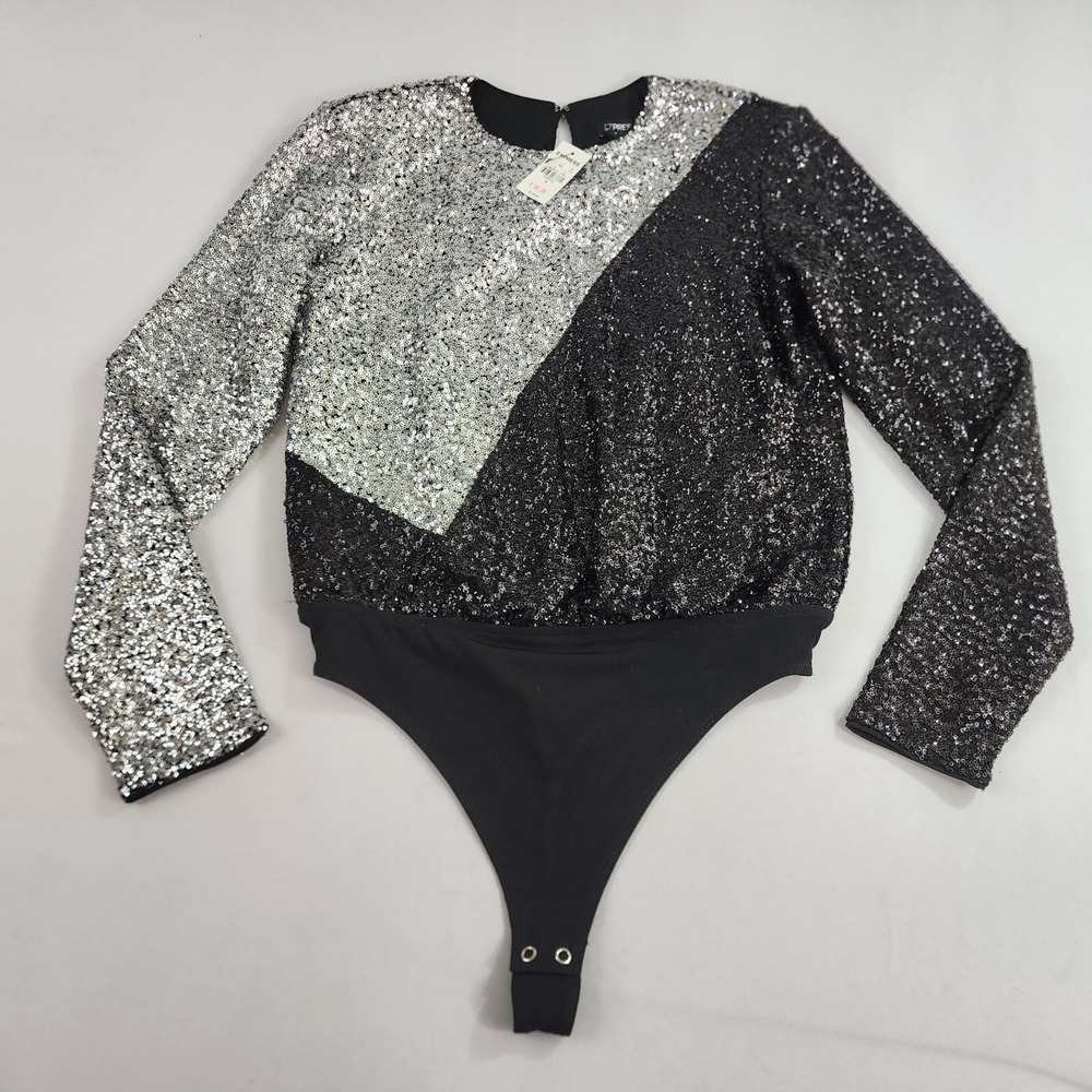 Express Women Sequin Body Suit Shirt Black Silver Long Sleeve Crew Neck S New